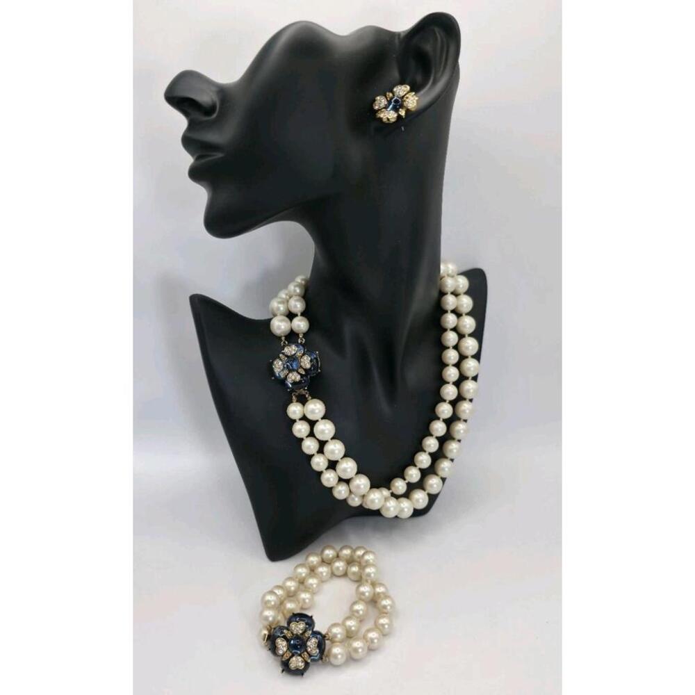 Liz Claiborne LCI Faux Pearl Set Crystal Rhinestone Blue Flower VTG Estate Lot